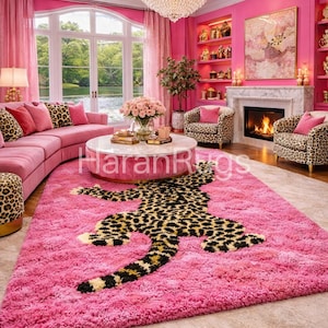 Hand Tufted moss rug Wool Rug | Pink Leopard Animal Print