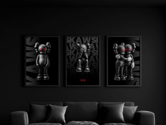 Set of 3 Black & Red KAWS Digital Wall Art Posters, Hypebeast
