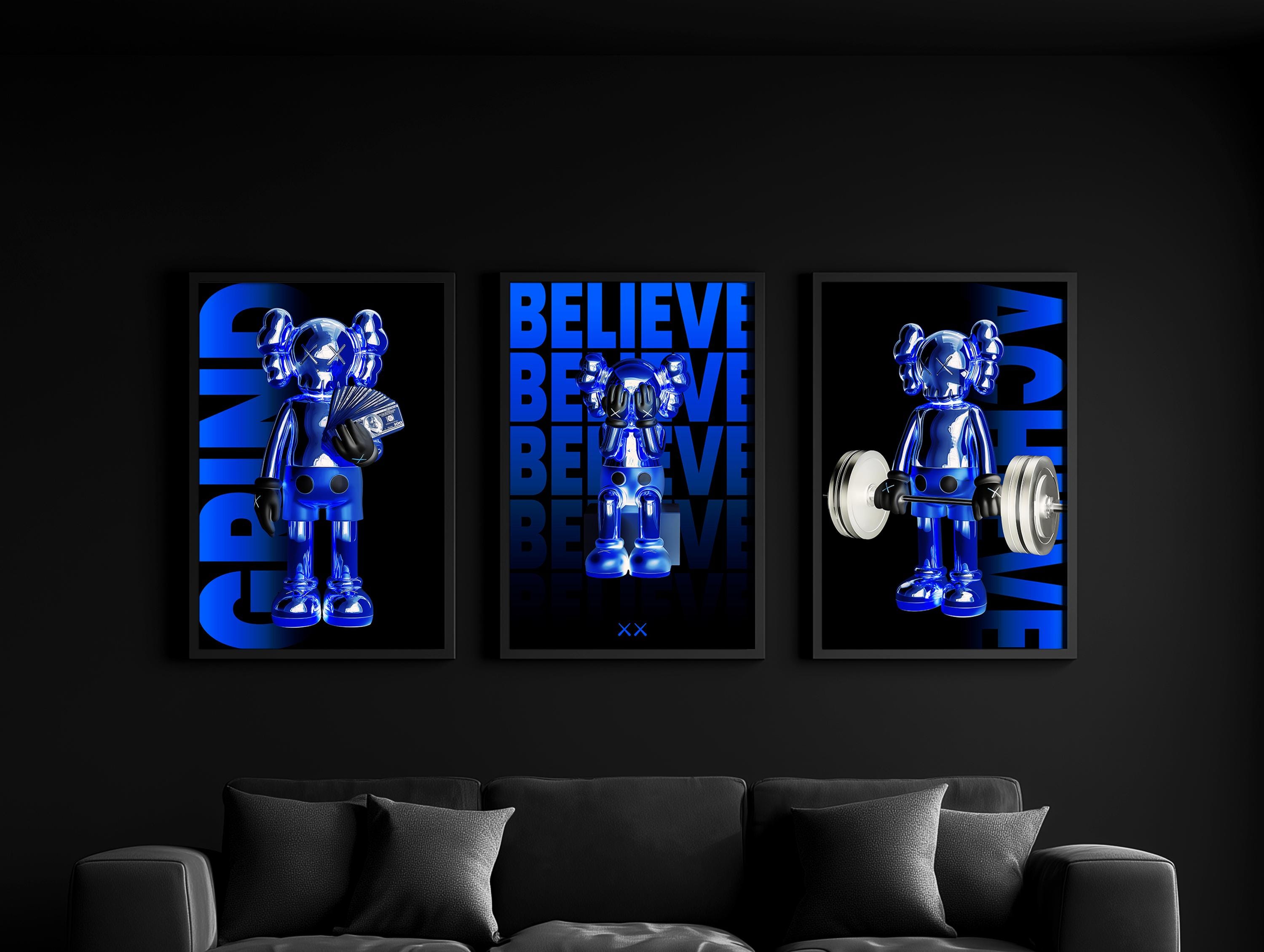 Set of 3 Blue KAWS Motivational Digital Wall Art Posters