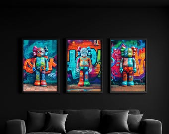 Set of 3 KAWS Graffiti Digital Wall Art Posters, Hypebeast Decor Prints