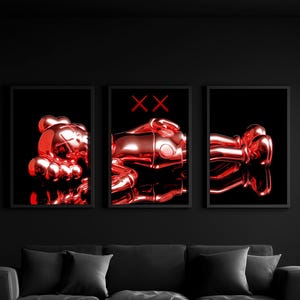 Set van 3 rode KAWS-muurkunstposters, Hypebeast-graffitidecor Kaws Digital Print cadeau, Kaws-figuurposter, rode Kaws digitale download