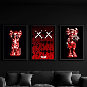 Set van 3 rode KAWS-muurkunstposters, Hypebeast-graffitidecor Kaws Digital Print cadeau, Kaws-figuurposter, rode Kaws digitale download