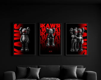 Set of 3 Black & Red KAWS Digital Wall Art Posters, Hypebeast