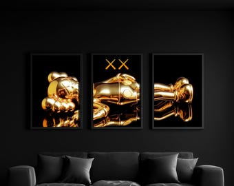 Set of 3 Gold KAWS Lying Down Digital Wall Art Posters, Hypebeast Decor Prints