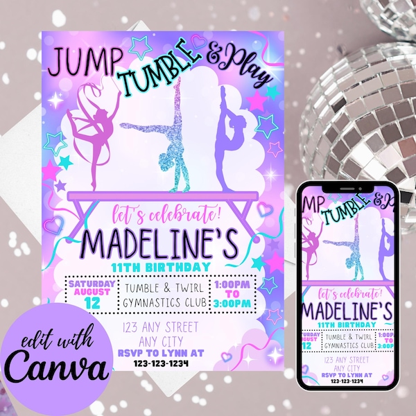 Editable Gymnastics Birthday Invitation Girl – Pink Purple Gymnastics Party Invite Template – Canva Editable Kids Birthday Instant Download