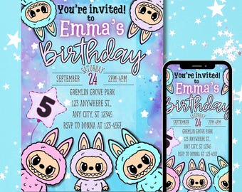 Labubu Birthday Invitation – Starry Purple Pink, Editable Canva Template (Digital Download)