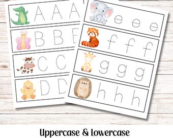 Könnte beinhalten: Zwei weiße Blätter mit Groß- und Kleinbuchstaben zum Nachzeichnen. Jeder Buchstabe hat eine passende Aquarelltierillustration. Der Text "Uppercase & Lowercase Watercolor Beginning sound letter tracing" steht unten.