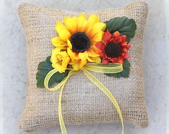 Burlap Sunflower Ring Bearer Pillow - Garden Weddings - Rustic Wedding - Country Charm Country Elegance  - Garden Summer Autumn Fall Yellow