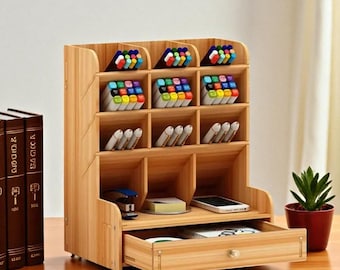 Wooden Desk Organizer with Drawer | Large Capacity DIY Stationery Holder | Desktop Tidy Storage Box for Home & Office