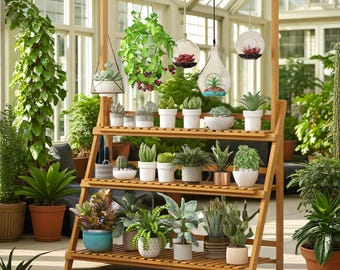 3 Tier Bamboo Plant Stand Folding Hanging Pot Shelf Rack Indoor Outdoor Multi-Use Flower Display Greenhouse Stand
