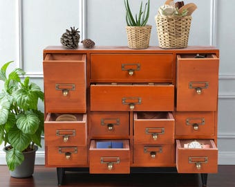 Vintage 12 Drawer Wooden Organizer Cabinet | Library Card Catalog Style Desk Storage Box | Apothecary Tool Chest
