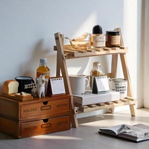 Softwood 2-Tier Desk Organizer Trapezoidal Display Stand for Home Dorm School Office Shelf Storage Rack Organizer