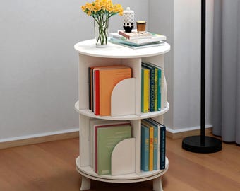 2/4-Tier Wooden Rotatable Bookshelf 360 Display Rack, White Floor Standing Storage Shelf Organizer for Home & Office