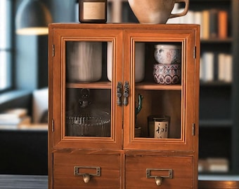 Nordic Solid Wood Double Door Display Cabinet, Retro Desktop Storage Box for Cosmetics, Sundries & Office Supplies