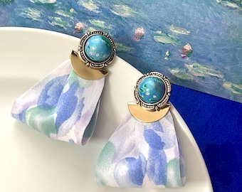 Hand-Painted Water Lilies Earrings, Monet Inspired Art Jewelry