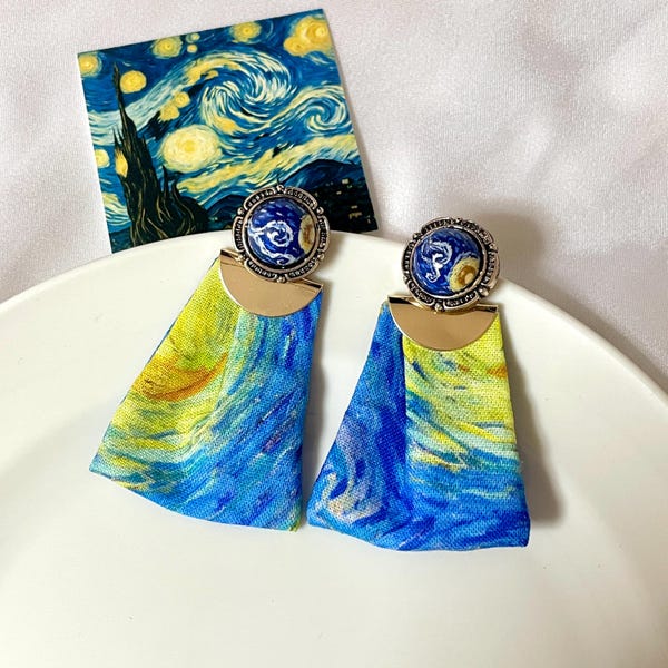 Hand-Painted Stud Earrings Inspired by Van Gogh’s “Starry Night” ｜[Palette Series]｜Hypoallergenic Art Jewelry