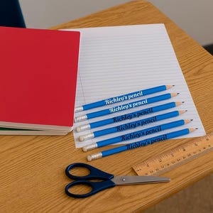 Personalised Blue Pencils – Custom Name or Message – Set of 6 – 36 Font Colours – School, Office, Gift