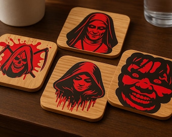 Handmade Scary Wooden Coasters – Gothic Horror Drinkware | Halloween Home Décor