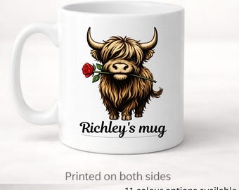 Caneca personalizada com desenho de vaca das Terras Altas – Nome personalizado, design sublimado