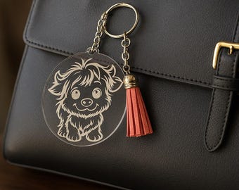 Handmade Highland Cow Keychain: Acrylic Bag Charm with Tassel