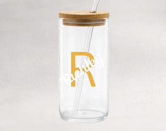 Personalised Initial Tumbler Glass with Bamboo Lid – Custom Name & Letter Drinkware