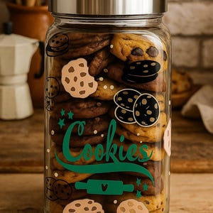 Peut inclure: Un bocal en verre transparent rempli de cookies aux pépites de chocolat. Le bocal a un couvercle argenté et un motif "Cookies" vert. Des illustrations de biscuits décorent le bocal.