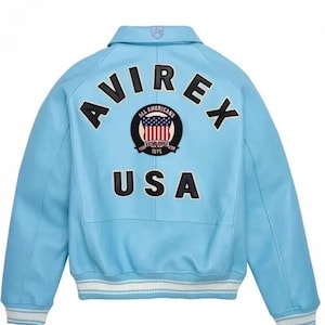 AVIREX USA Edition Icon Jacket In Sky Blue Color, Military Bomber Jacket, Men&#39;s Bomber Jacket, Original Leather Jacket For Him, Gift For Him