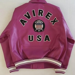 AVIREX USA Edition Icon Jacket In Berry Pink Color, Military Bomber Jacket,Men&#39;s Bomber Jacket ,Original Leather Jacket For Him,Gift For Him