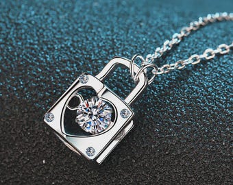 Sterling Silver Heart Padlock Necklace: CVD Diamond Love Lock Pendant