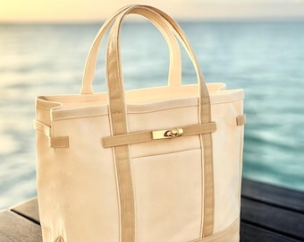 Lux Boat Tote Neutral/Beige Premium Canvas, Leather strap detail, Iconic metal hardware