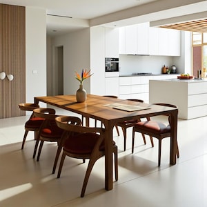 May include: A wooden dining table with six chairs. The table is rectangular and has a rich brown finish. The chairs have curved wooden frames and red leather seats. A vase with a flower arrangement sits on the table.