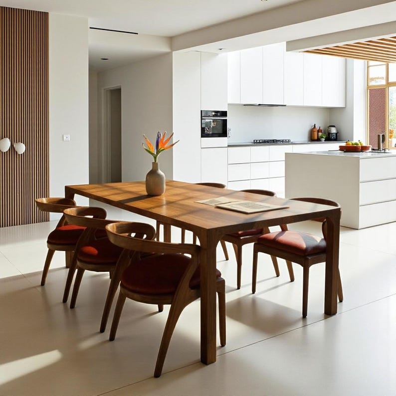 May include: A wooden dining table with six chairs. The table is rectangular and has a rich brown finish. The chairs have curved wooden frames and red leather seats. A vase with a flower arrangement sits on the table.