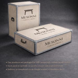 May include: Two beige crates with silver metal trim and black handles. The crates have the text "MUSONNI - Crafted for a Lifetime" printed on them. One crate is upright, and the other is lying flat.
