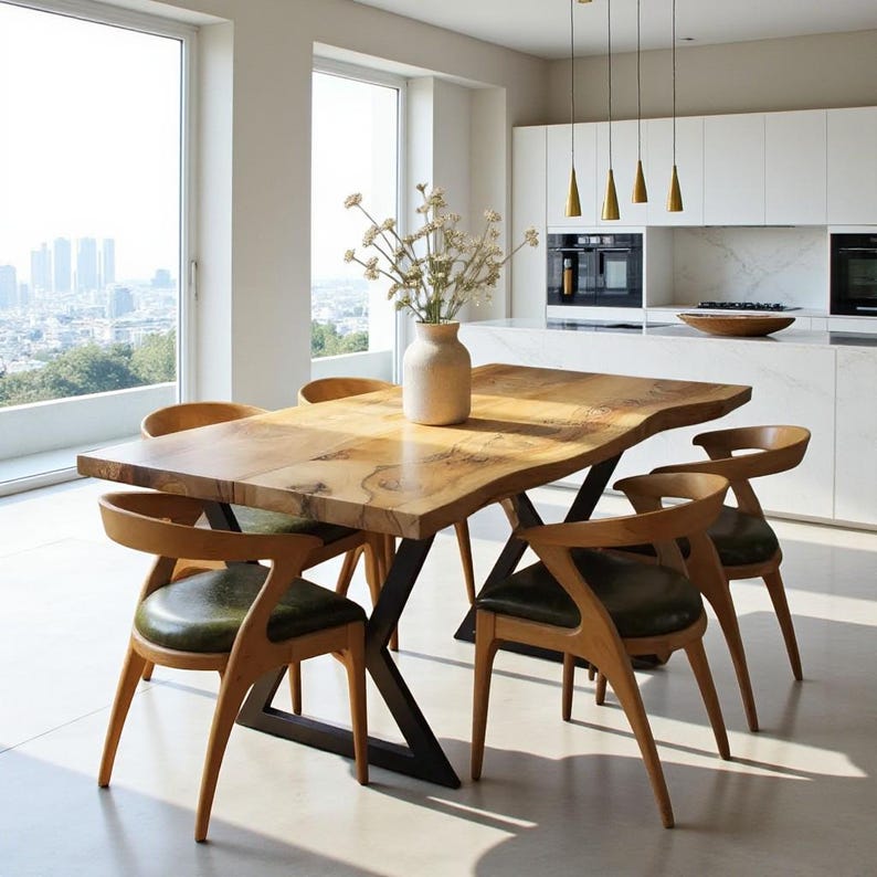 May include: A wooden dining table with a live edge and a black metal base is surrounded by six wooden chairs with green leather seats. A vase with flowers sits on the table. The room has large windows and a modern kitchen.