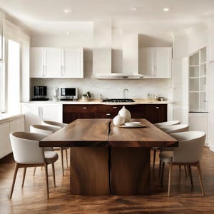 May include: A contemporary kitchen featuring a large wooden dining table and six white chairs. The table is made of two thick wooden slabs. White cabinets and appliances are in the background.