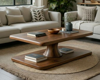 May include: A rectangular, dark wood coffee table with a lower shelf, supported by a central pedestal. The table is placed on a round, woven jute rug. Books and a wooden bowl are on the table, with a neutral-toned sofa in the background.