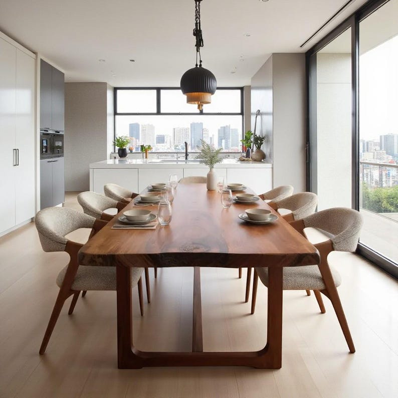 May include: A modern dining room featuring a large, natural wood dining table with eight place settings. The table is surrounded by upholstered chairs. A black and gold pendant light hangs above the table, and a city skyline is visible through the window.