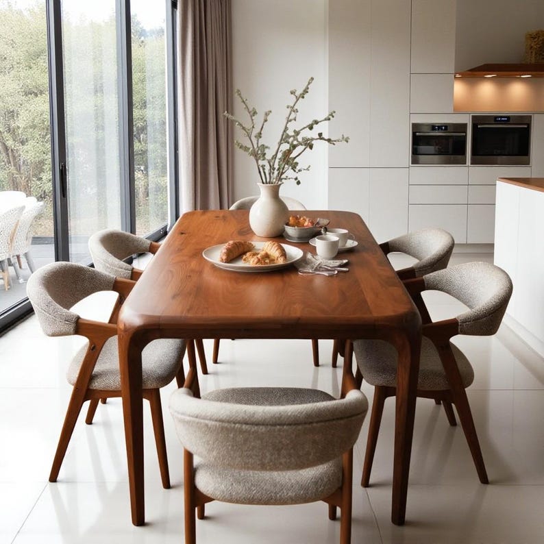 May include: A wooden dining table with six chairs. The table is set with a white vase, plates of food, and cups. The chairs have wooden frames and light gray upholstered seats. The room has large windows and white walls.