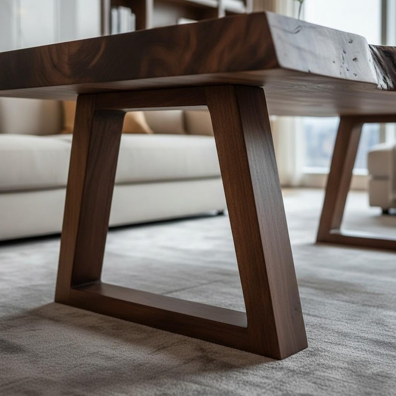 May include: A dark brown wooden coffee table with a thick, live edge top and angled legs. The table is made of solid wood and has a natural finish. The legs are approximately 18 inches tall.