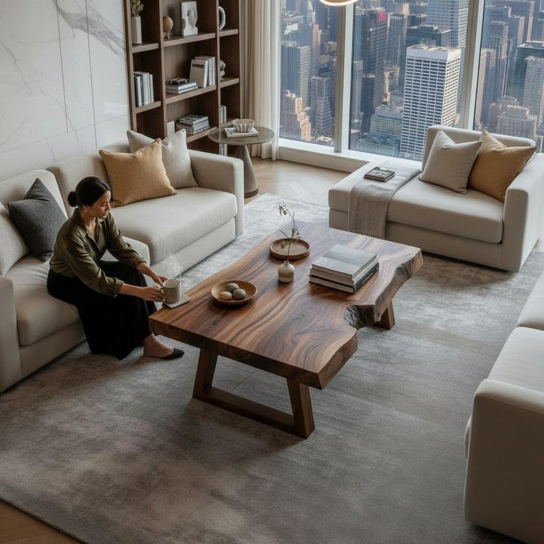 May include: A modern living room with a large, live-edge wooden coffee table. The room features cream-colored sofas, a gray rug, and a large window with a city view. Decorative pillows in neutral tones add warmth.