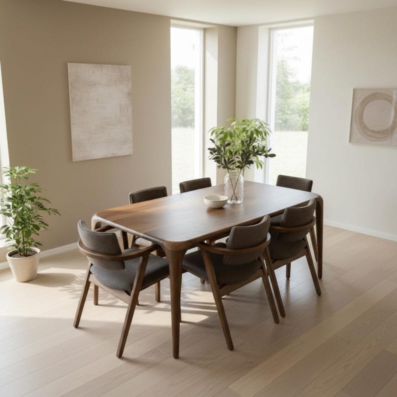 May include: A contemporary dining set comprising a dark wood table, approximately 180cm long, and six chairs with grey fabric seats. The room has light walls, wooden flooring, and large windows, creating a bright and spacious feel.