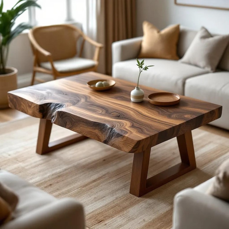 May include: A rectangular wooden coffee table with a natural edge and dark brown finish. The table has a unique grain pattern and sits on angled wooden legs. A small vase and wooden dish are on the table.