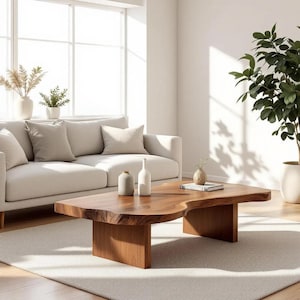 May include: A contemporary living room with a light-toned sofa, a wooden coffee table, and a large window. The coffee table has an unusual, organic shape and is made of dark wood. Decorative vases and plants enhance the room's aesthetic.