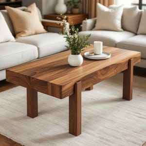 Op de afbeelding: Een rechthoekige salontafel van massief hout met een warme bruine afwerking. De tafel heeft een dik blad en stevige, vierkante poten. Een witte vaas met groen en een klein dienblad met een kaars staan erop. De tafel is 122 cm lang, 61 cm breed en 46 cm hoog.