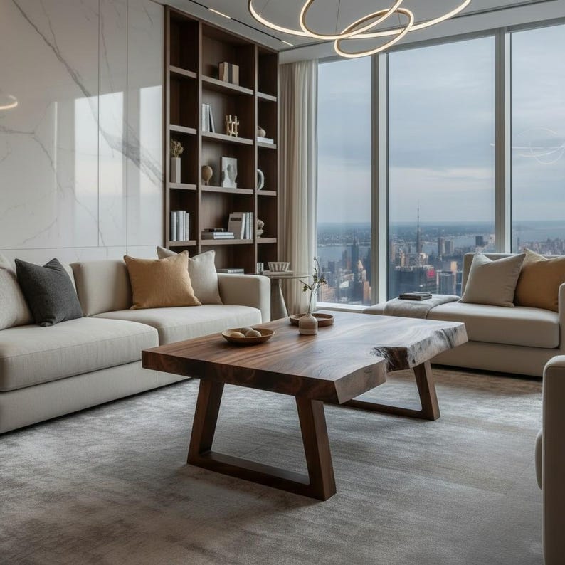 May include: A modern living room with a large, live-edge wooden coffee table. Beige sofas with accent pillows sit on a gray rug. A built-in bookshelf and large windows offer a city view. A modern light fixture hangs from the ceiling.