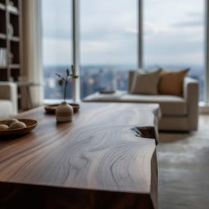 May include: A solid wood coffee table with a natural edge. The table is a rich brown color and has a smooth, polished surface. A small vase and wooden bowl with decorative spheres are on the table. The table is 60 inches long.