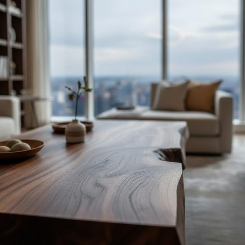 May include: A solid wood coffee table with a natural edge. The table is a rich brown color and has a smooth, polished surface. A small vase and wooden bowl with decorative spheres are on the table. The table is 60 inches long.