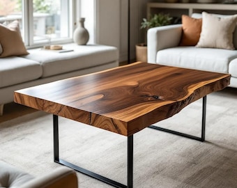 Live Edge Coffee Table, Natural Wood Slab with Metal Legs, Rustic Modern Center Table