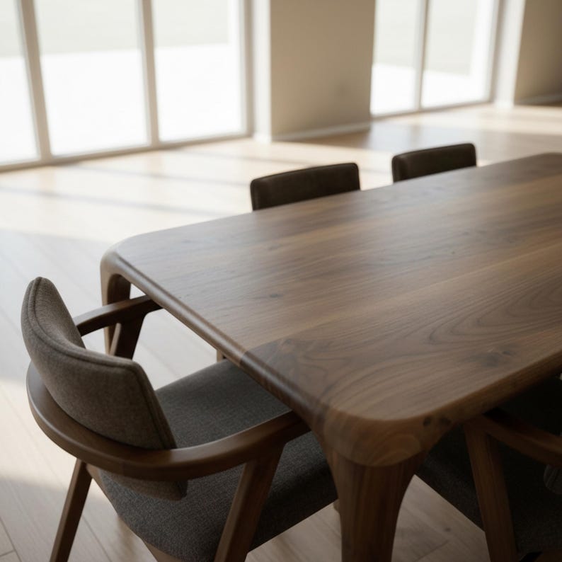 May include: A wooden dining table with rounded corners and four chairs. The table and chair frames are a medium brown, and the chair seats are a light grey fabric. The room has large windows and a light-coloured wooden floor.