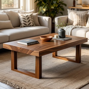 May include: A rectangular coffee table made of dark brown wood with a prominent grain pattern, featuring a thick tabletop and sturdy U-shaped legs. On the surface sit two books, a small wooden bowl, a white candle, and a dark gray vase with greenery.